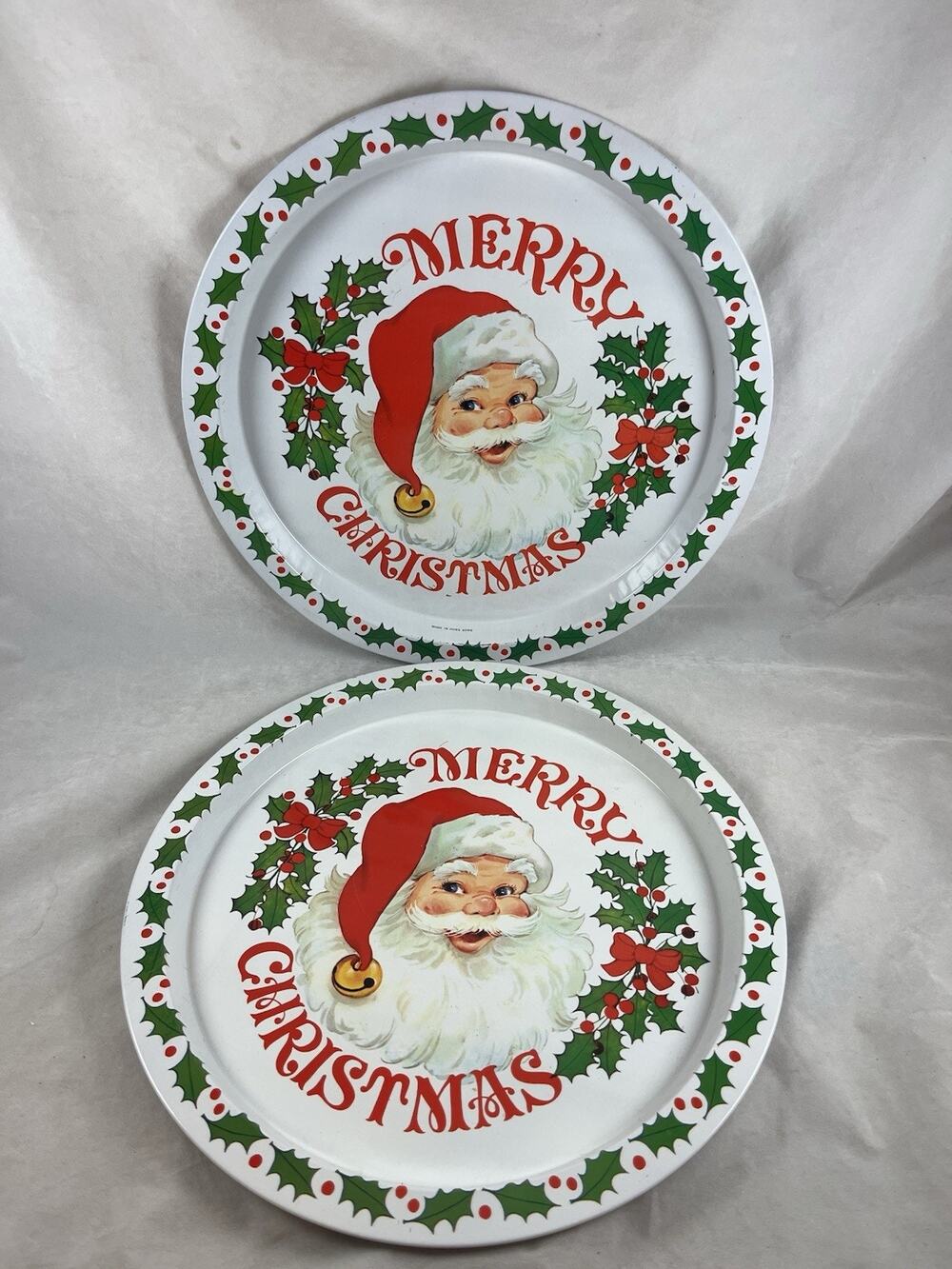 Pair 13" Holiday Tin Serving Trays Metal Merry Christmas Santa Vintage 1970s 80s